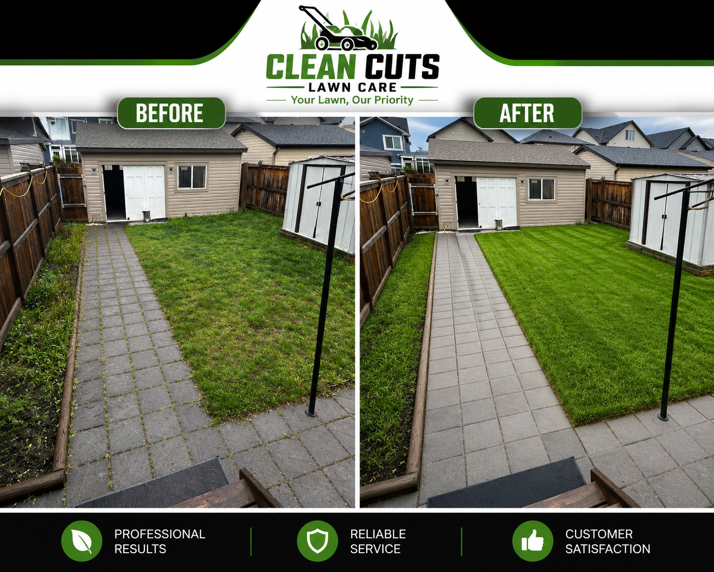 Before and after lawn transformation by Clean Cuts Lawn Care